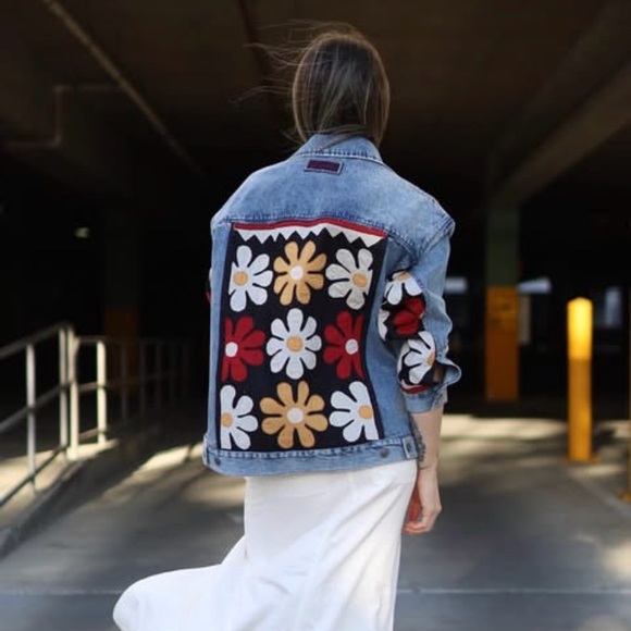 We The Free Jackets & Blazers - Free People - We The Free Light Blue Denim Jacket with Floral Patchwork
